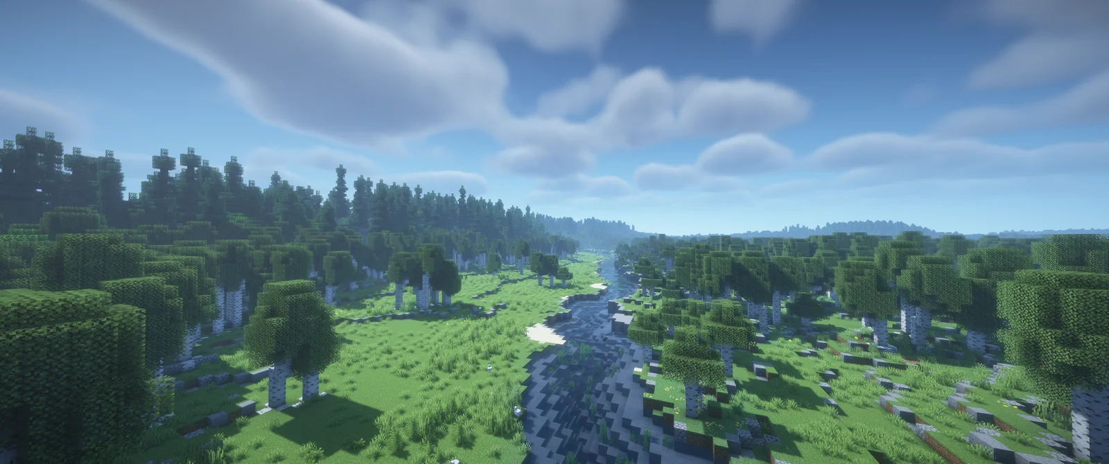 Minecraft river winding through a generated forest