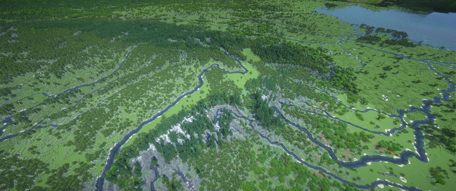 Generated Minecraft terrain with forests and rivers